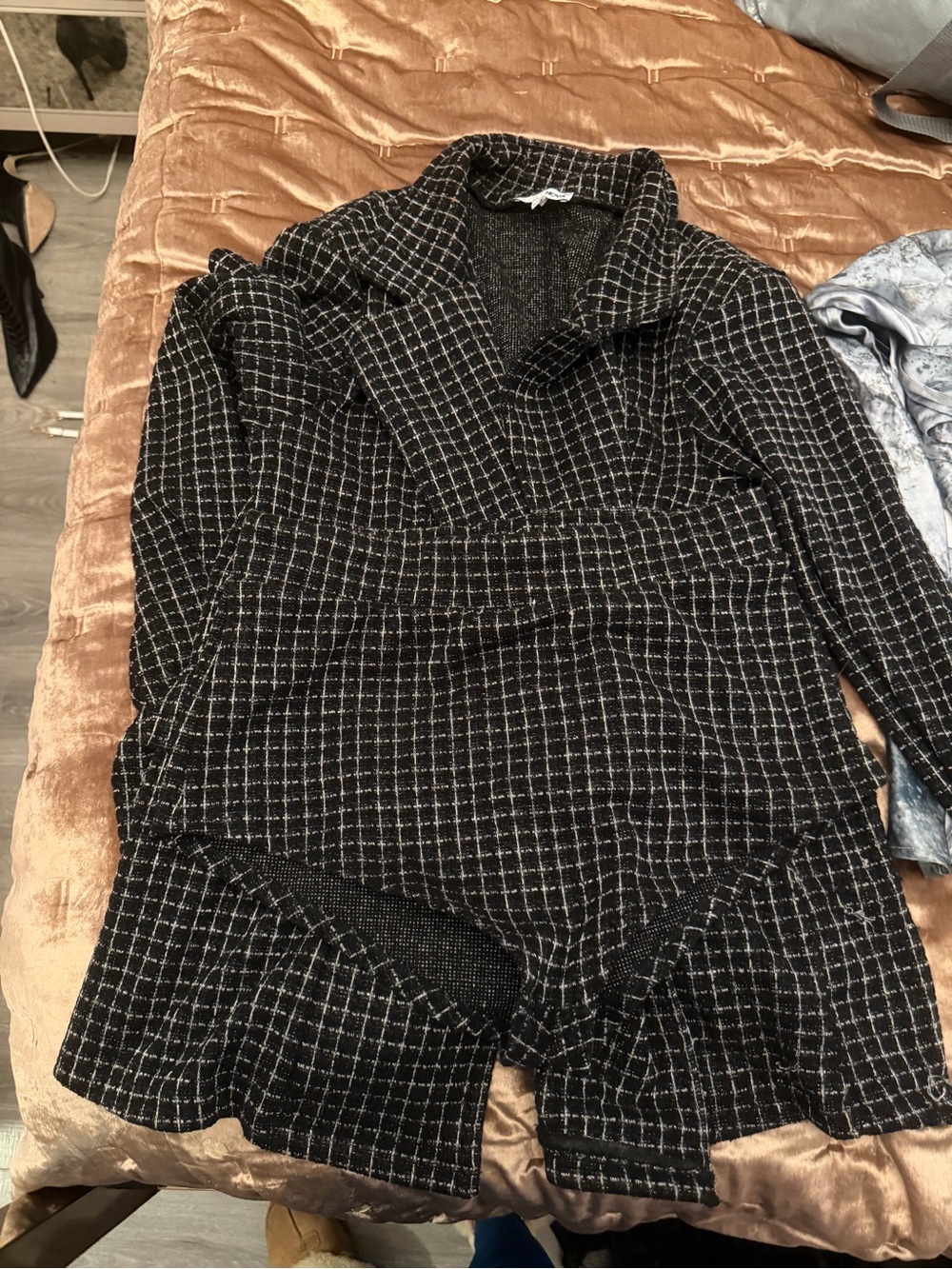 Black & White Check Knit Blazer-Style Jacket Set